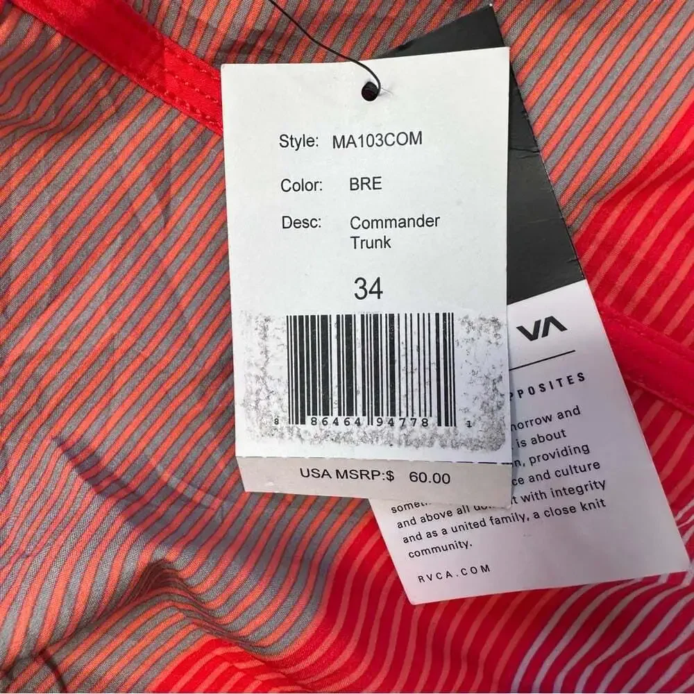RVCA Commander Trunks 34 Red Black Stripe Boardshorts Performance Stretch NWT
